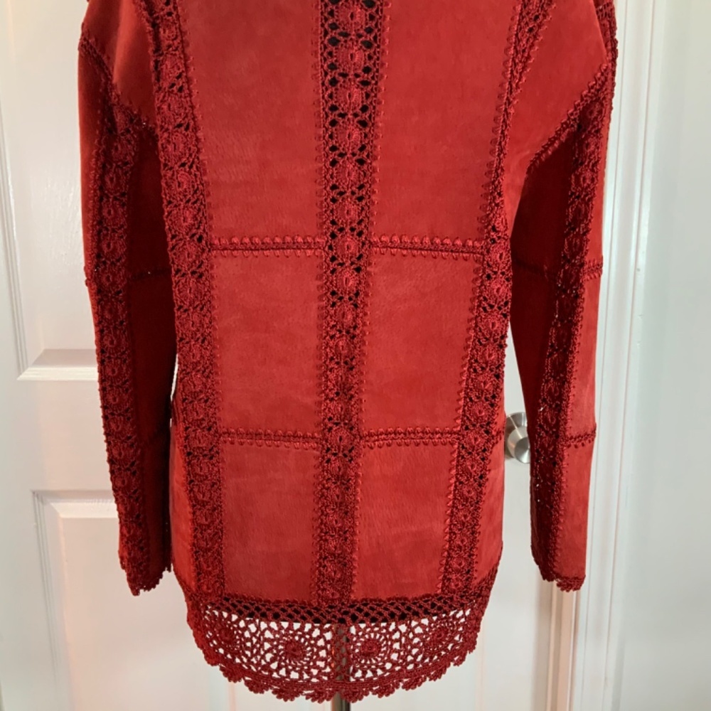 Red Suede Leather Crochet Patchwork Button Down B… - image 7